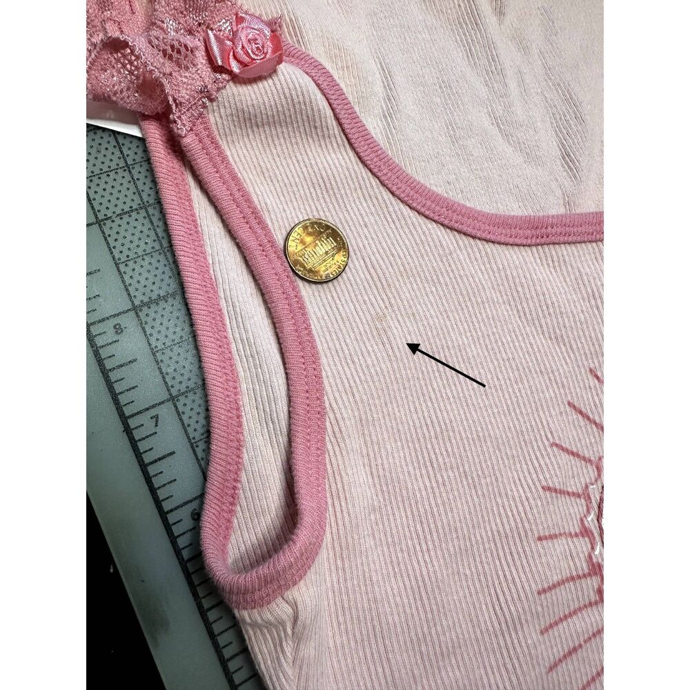 Vintage Y2K Coca-Cola Distressed Graphic Pink Lace Trim Baby Tank Top size XS - Picture 8 of 9